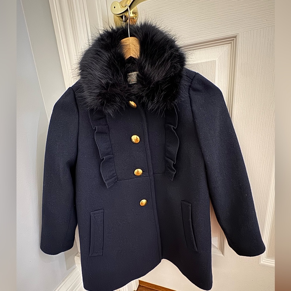 Crewcuts Wool-Blend Navy Coat with Navy Faux Fur Collar, Size 8 Girls
